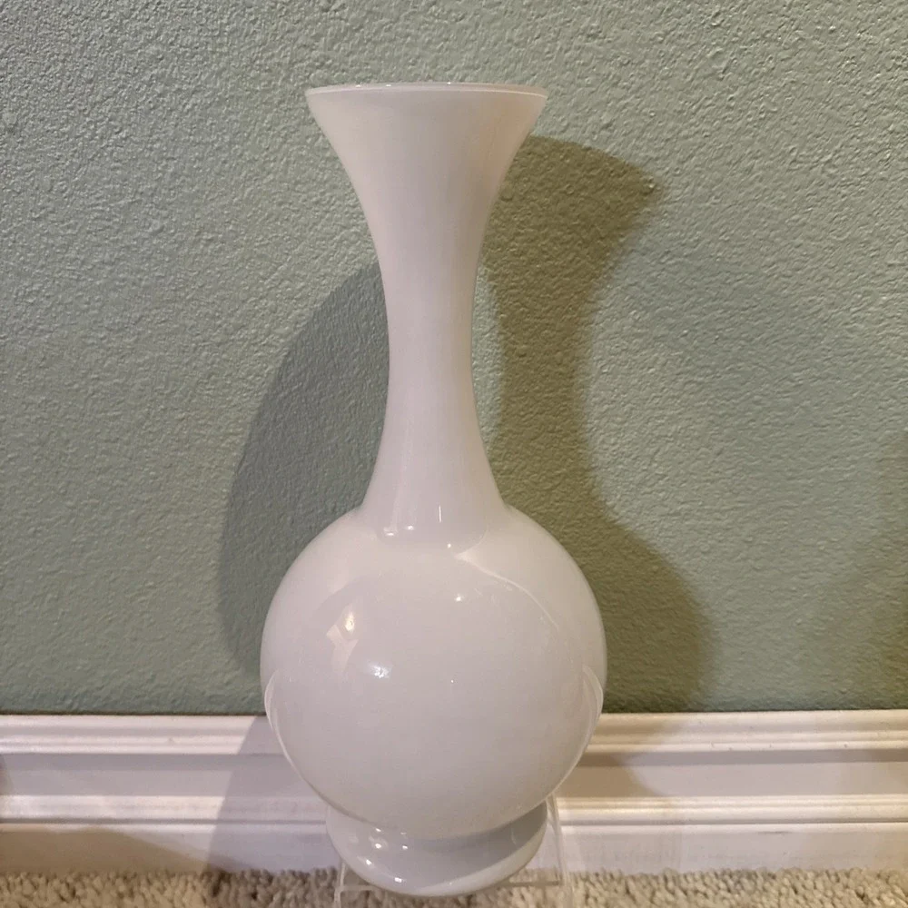 Vintage Art Glass Vase White Hand Painted Blue Flowers